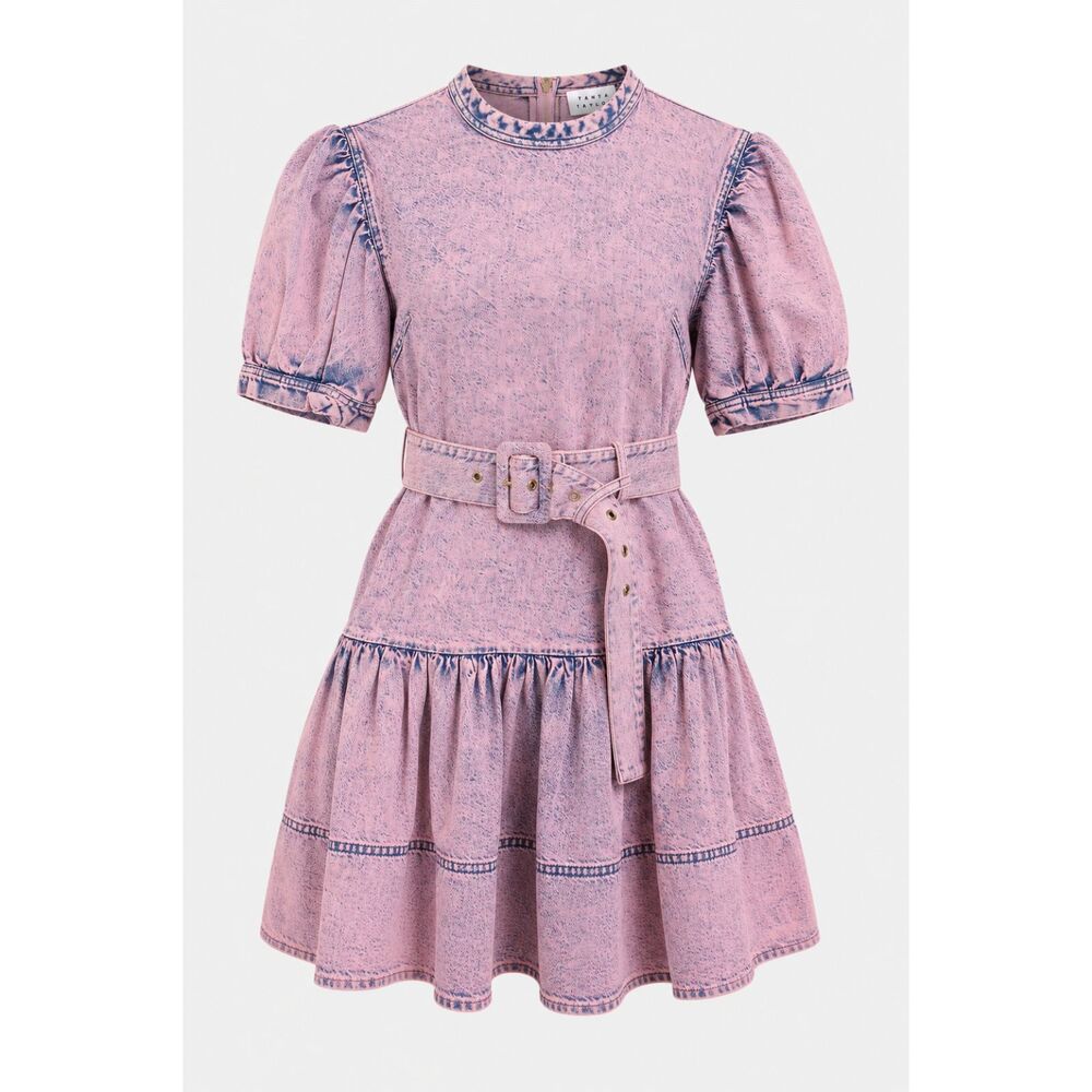 Tanya Taylor Alissa Pink Acid Wash Denim Dress 2 Puff Sleeve Belted NWT $475